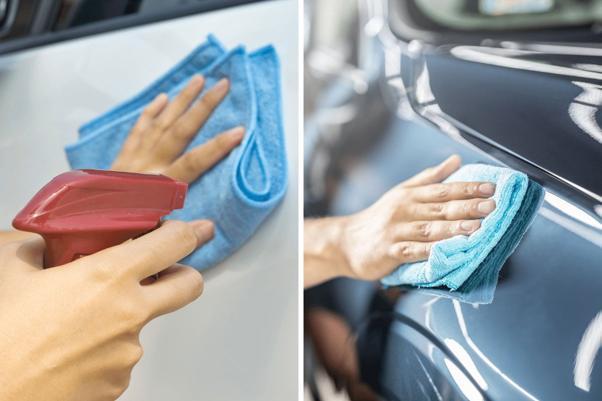 Two pictures demonstrating how to remove water spots from a car by waxing and wiping with a microfiber cloth.