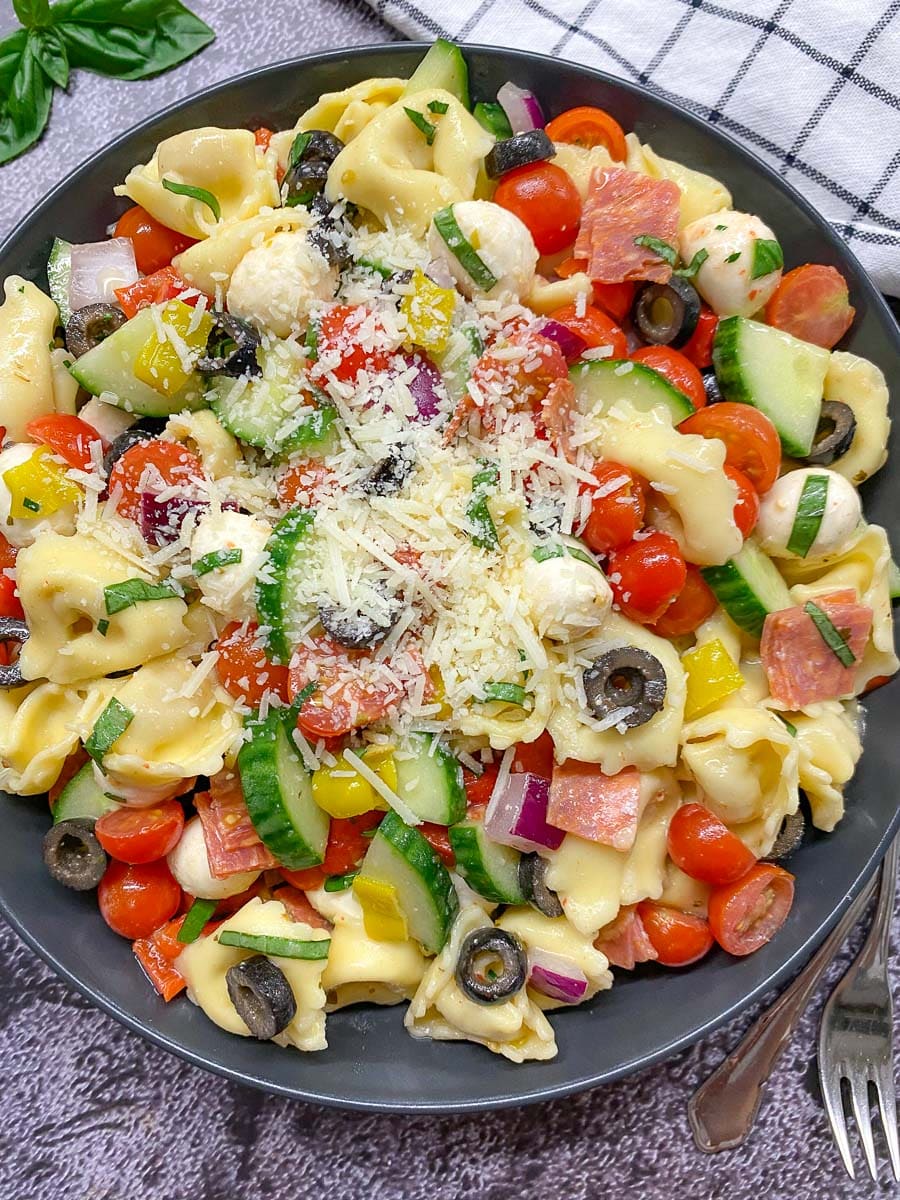 A bowl of tortellini salad with tomatoes, cucumbers and olives.