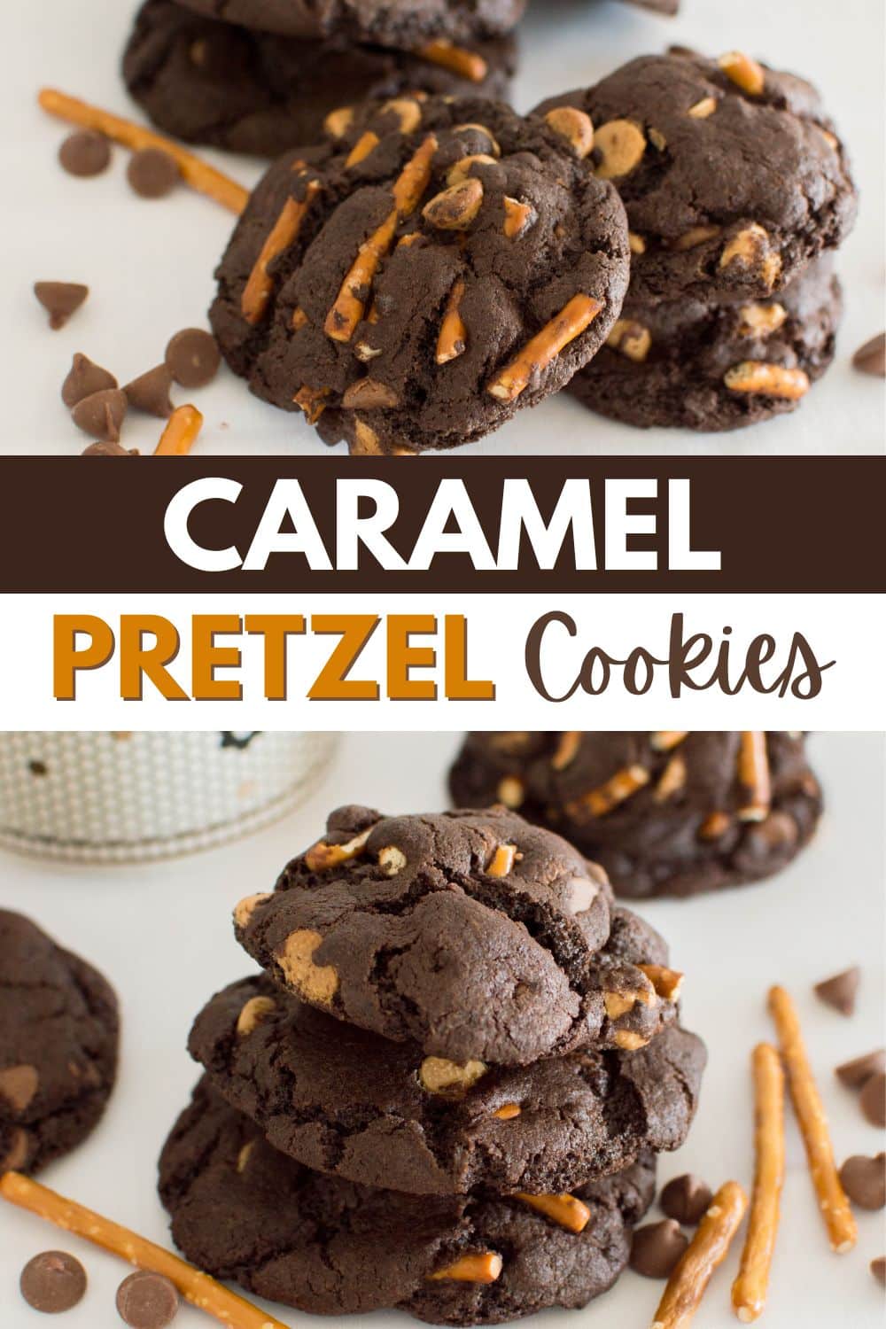 Caramel pretzel cookies arranged on a white plate.