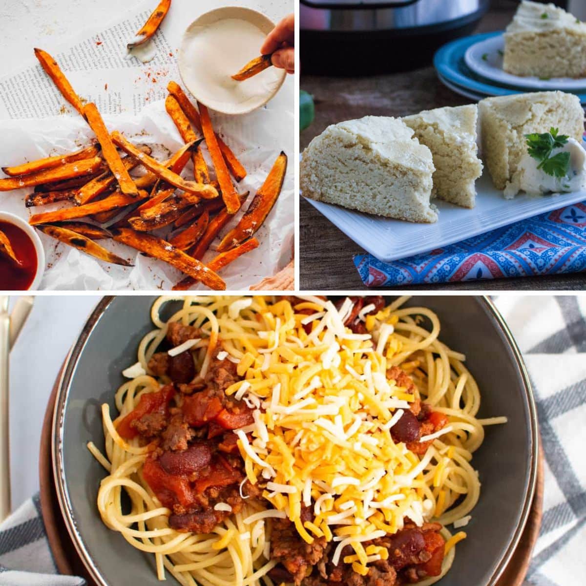 A collage of pictures featuring food in a bowl, including ideas on what to serve with chili.