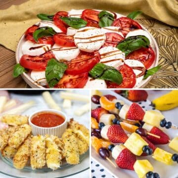 A collage of different types of skewers and fruit on a plate.