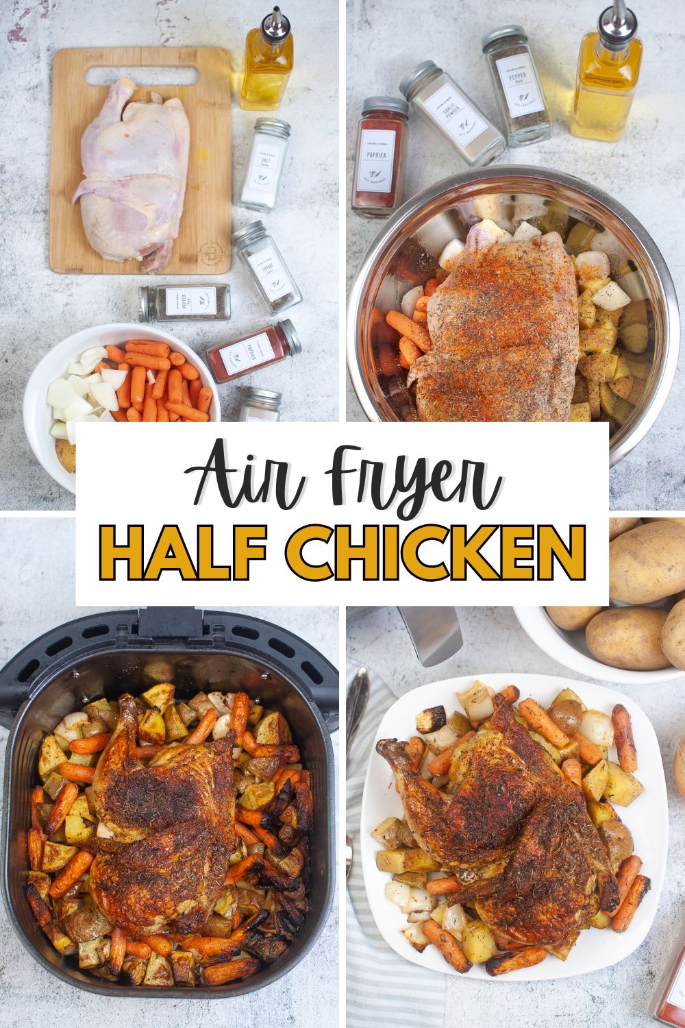 A series of photos showing how to make an in-fryer half chicken using an air fryer.