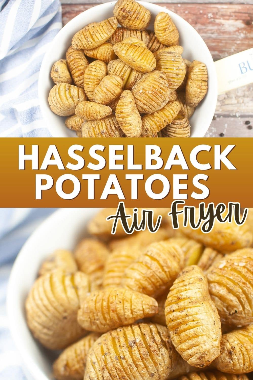 Hasselback potatoes in a bowl with the text hasselback potatoes and air fryer.
