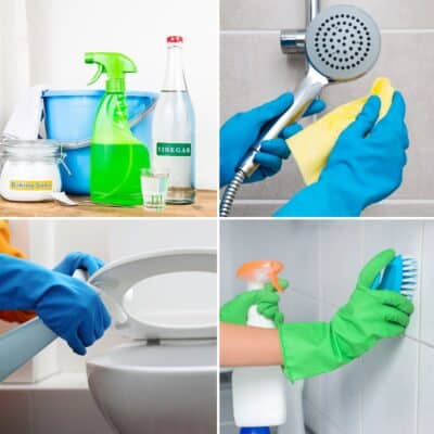 A helpful collage illustrating the step-by-step process of cleaning a bathroom using vinegar.