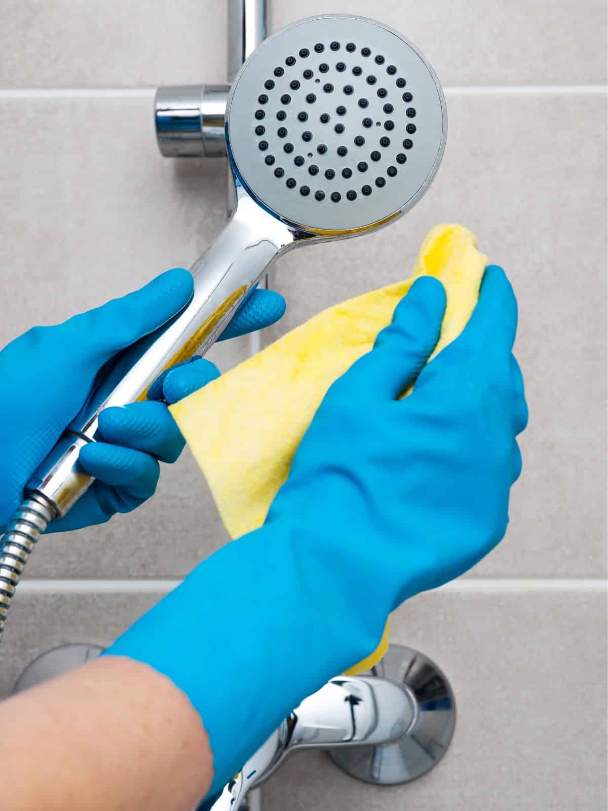 A person in blue gloves demonstrating how to clean a shower head with vinegar.
