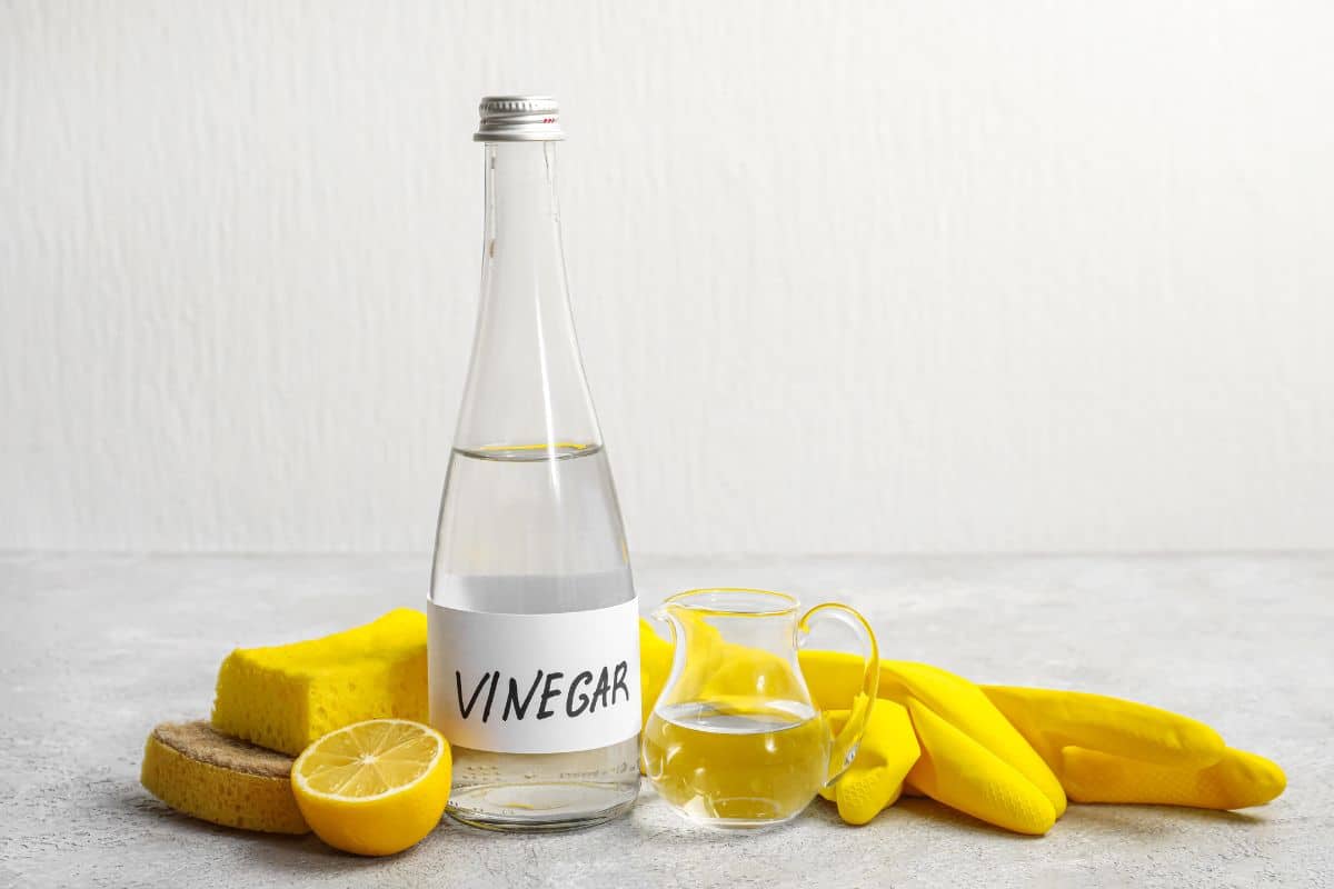 A bottle of vinegar next to lemons, cleaning gloves and scrubs,