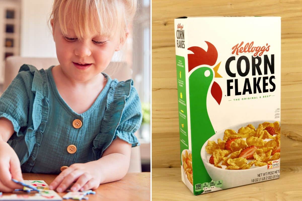 A little girl playing minute to win it games for kids and a box of Kellogg's corn flakes.