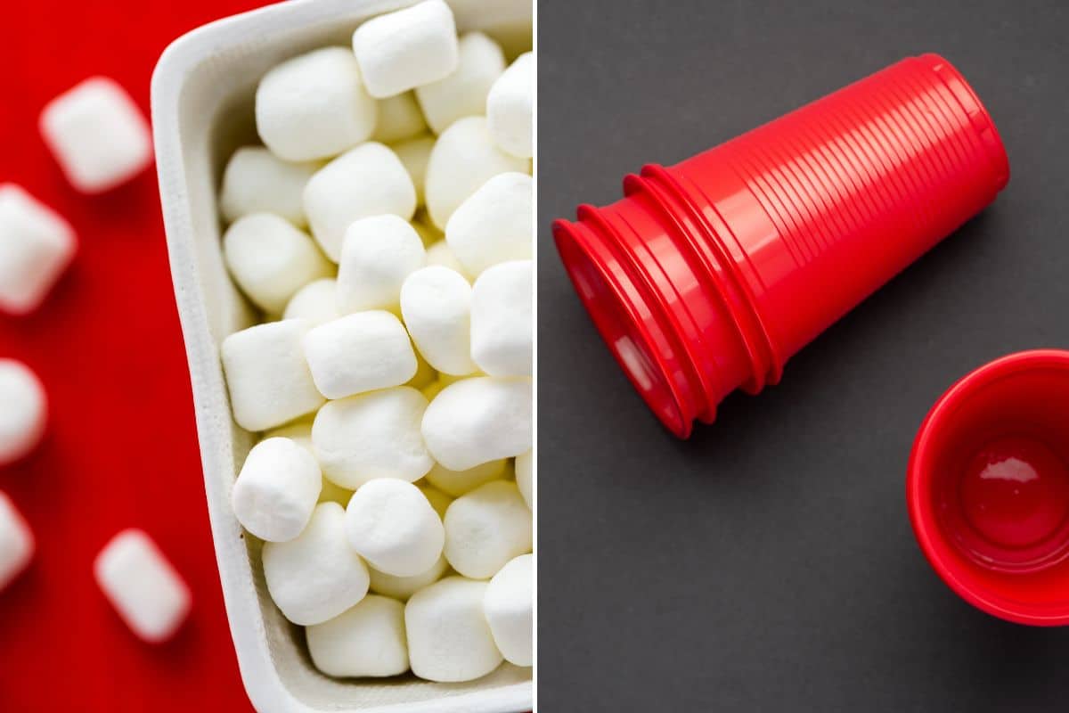 A fun minute to win it game for kids involving red cups and small marshmallows.