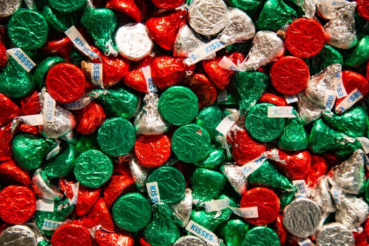 Red, green and silver hershey's chocolate kisses perfect for minute to win it games for kids.
