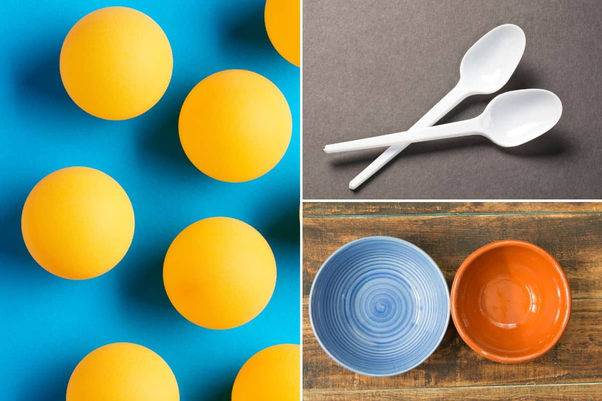 A collage of pictures of ping pong balls, spoons and bowls.