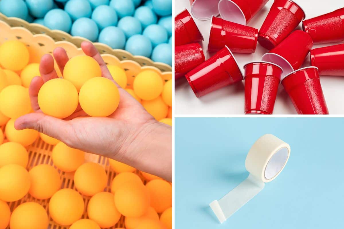 Ping pong balls, cups and tape perfect minute to win it games for teens.
