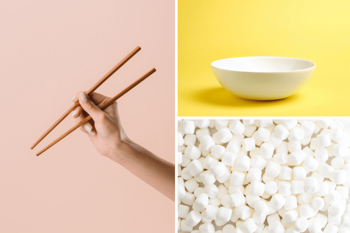 Pictures of a hand holding chopsticks, a bowl and mini marshmallows.
