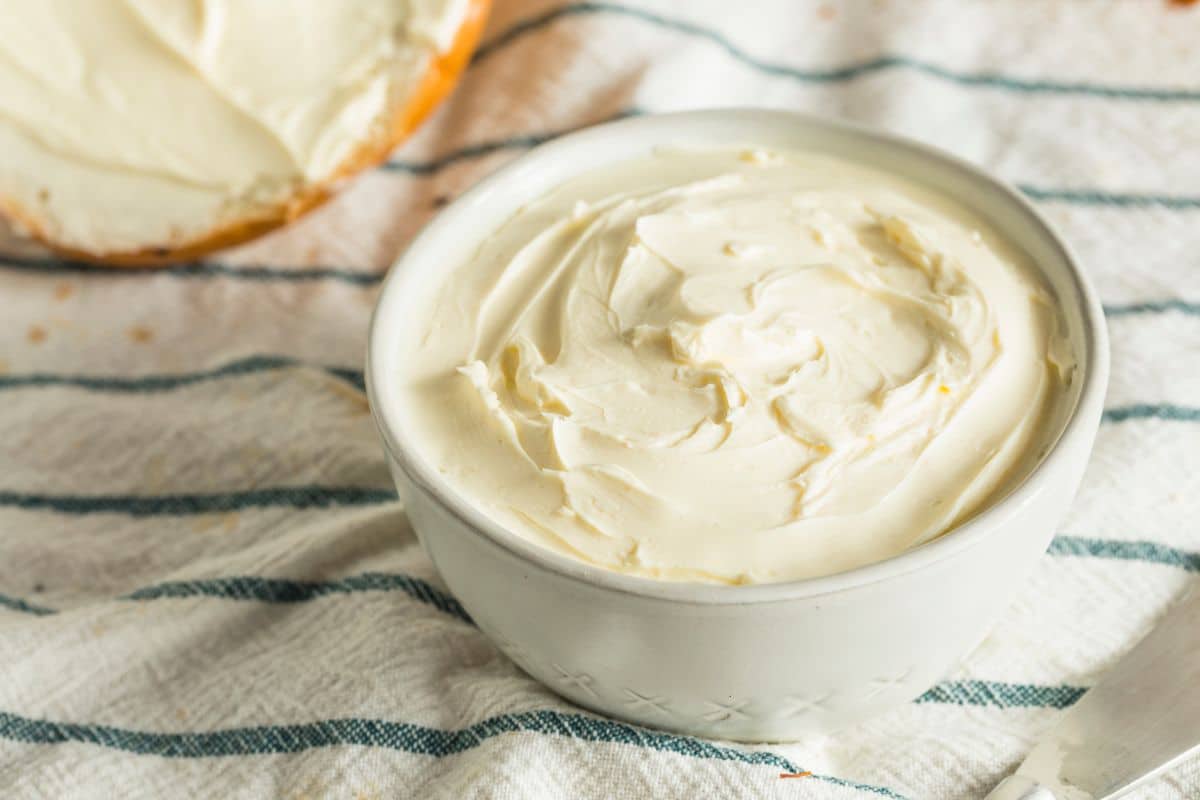 A bowl of cream cheese perfect as a Greek yogurt substitute.