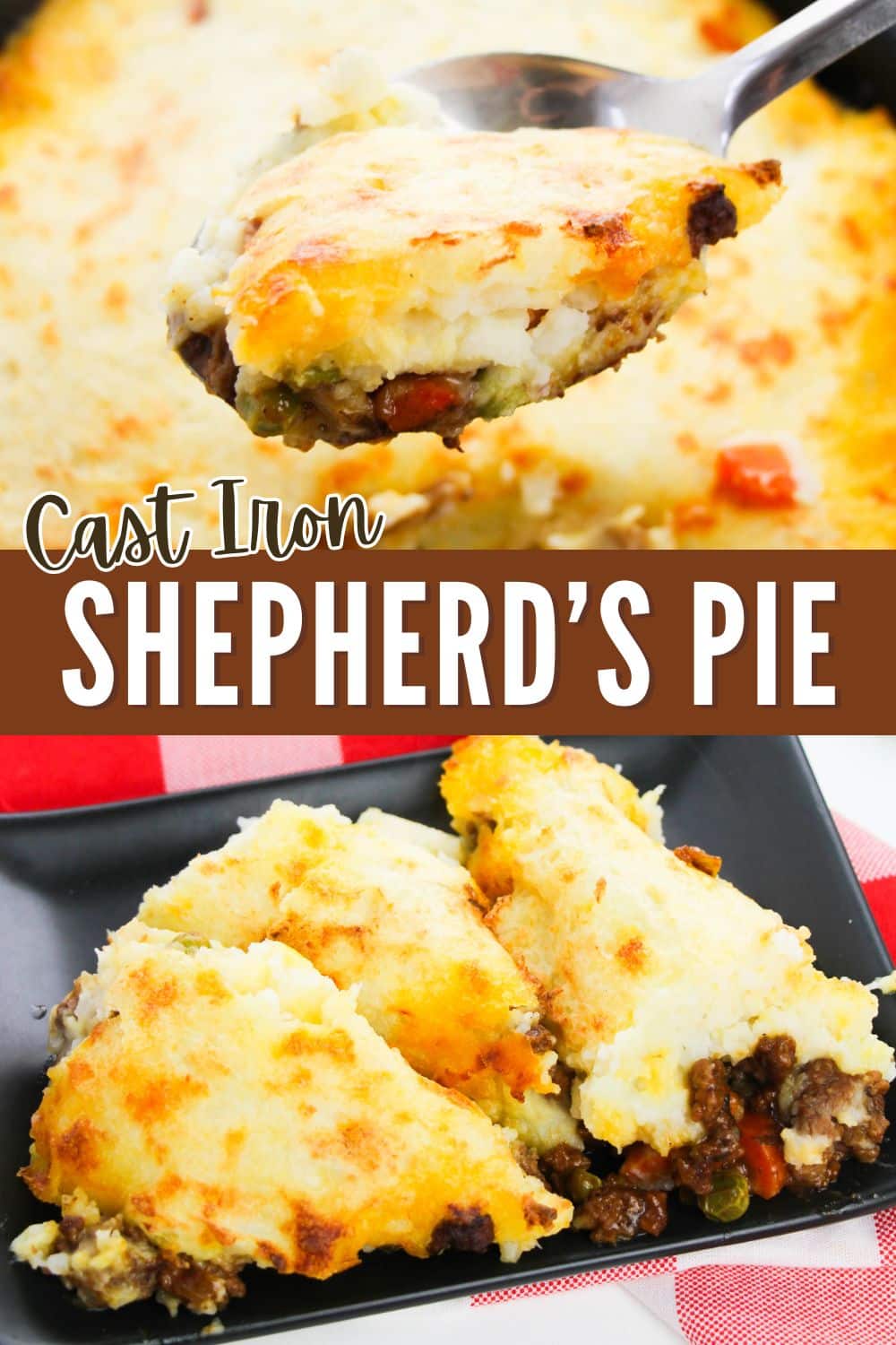 A mouthwatering shepherd's pie cooked and served in a traditional cast iron skillet.