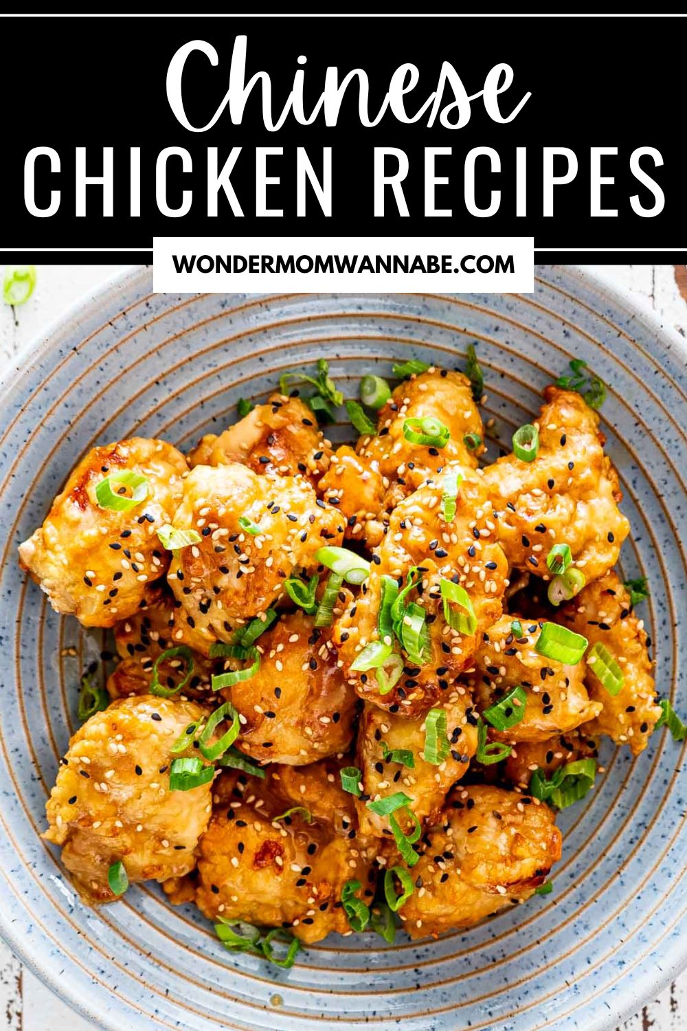 Overhead view of Chinese Lemon Chicken in a serving bowl with text title "Chinese Chicken Recipes".