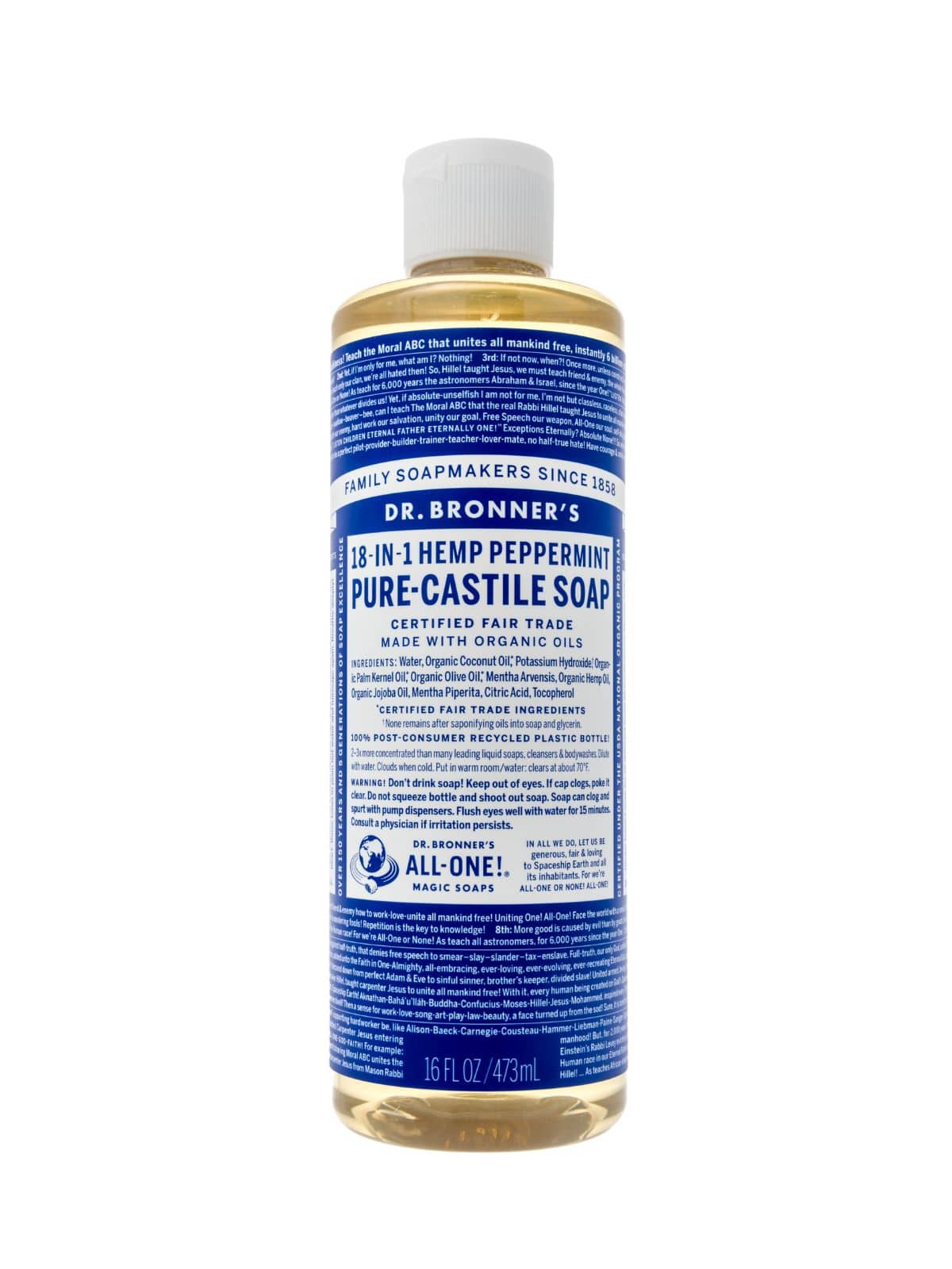 A bottle of pure castile soap on a white background, perfect for cleaning retainers.