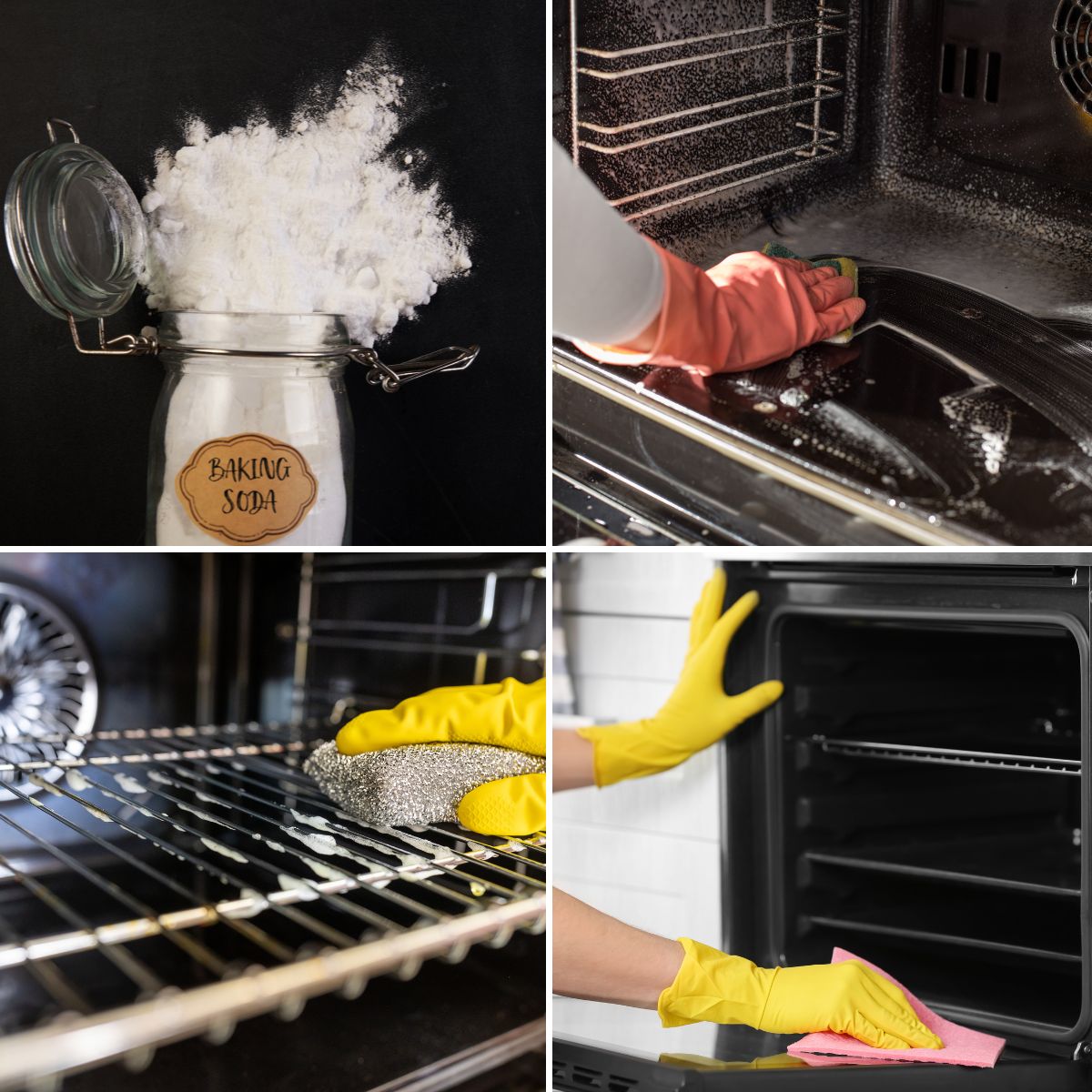 A collage of pictures showing how to clean an oven using baking soda.