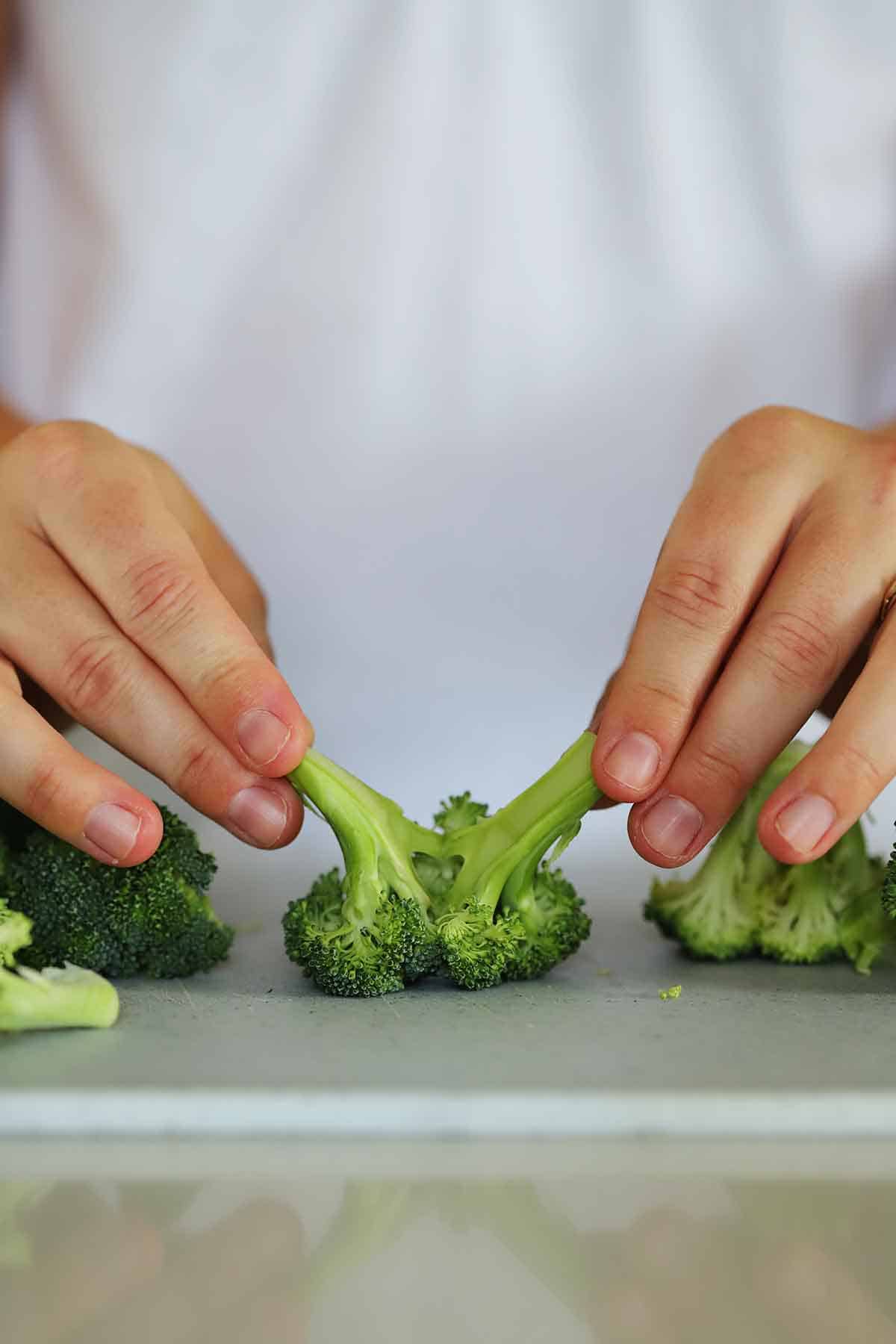 A person holding broccoli.