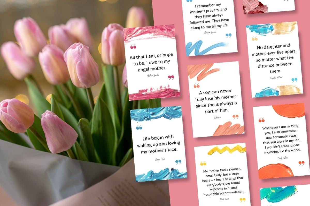A bouquet of tulips adorned with missing you mom quotes printable cards.