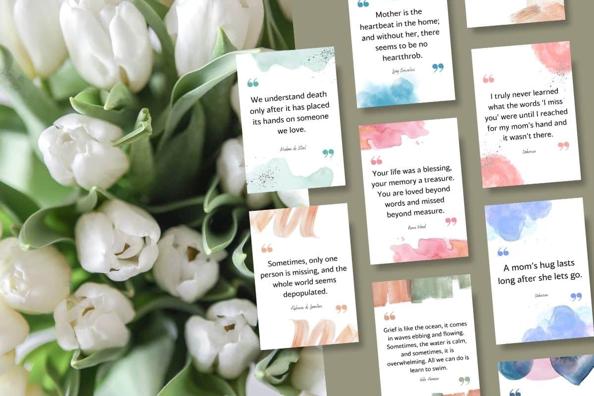 A gorgeous bouquet of white tulips with missing you mom quotes printable cards.