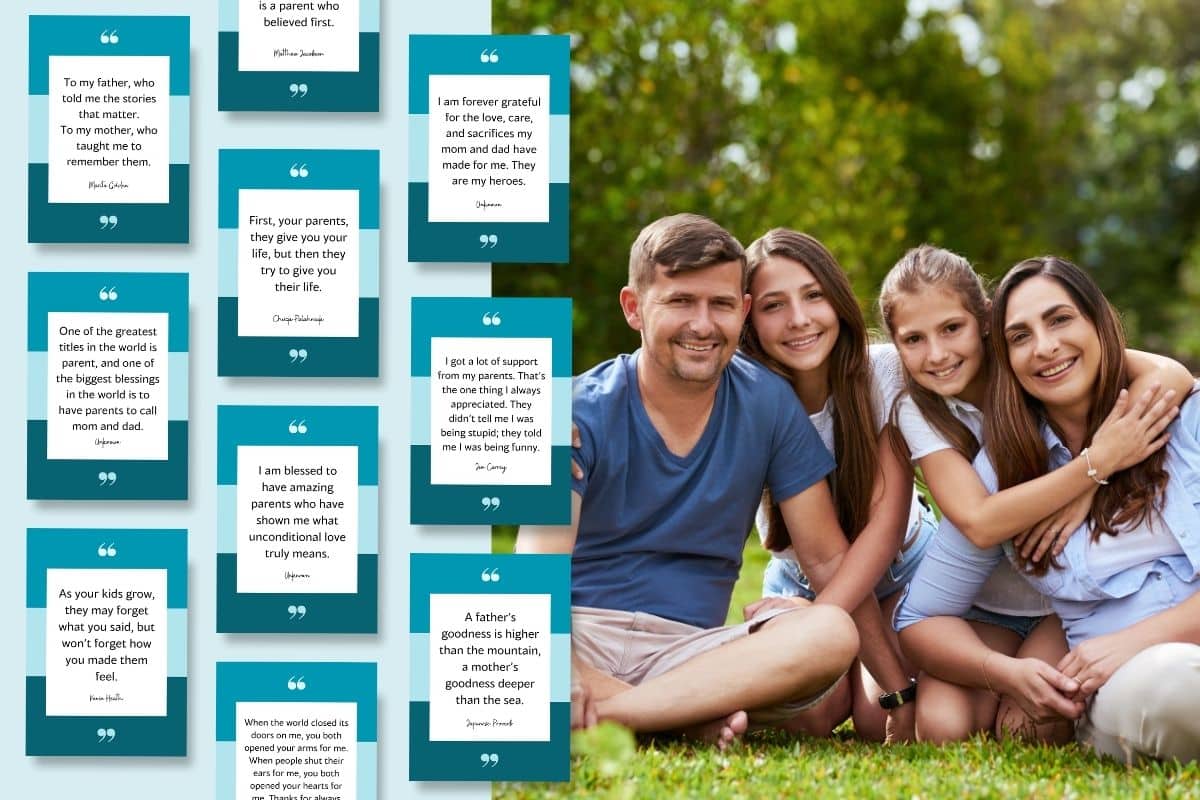 A family sitting on the grass with printable cards featuring mommy daddy quotes.