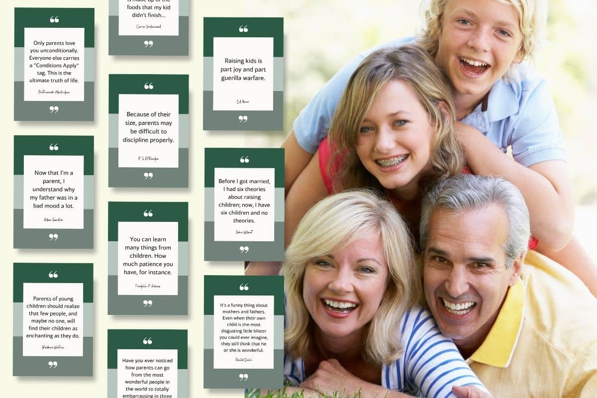 A picture of a family with printable cards quotes for mommy and daddy.