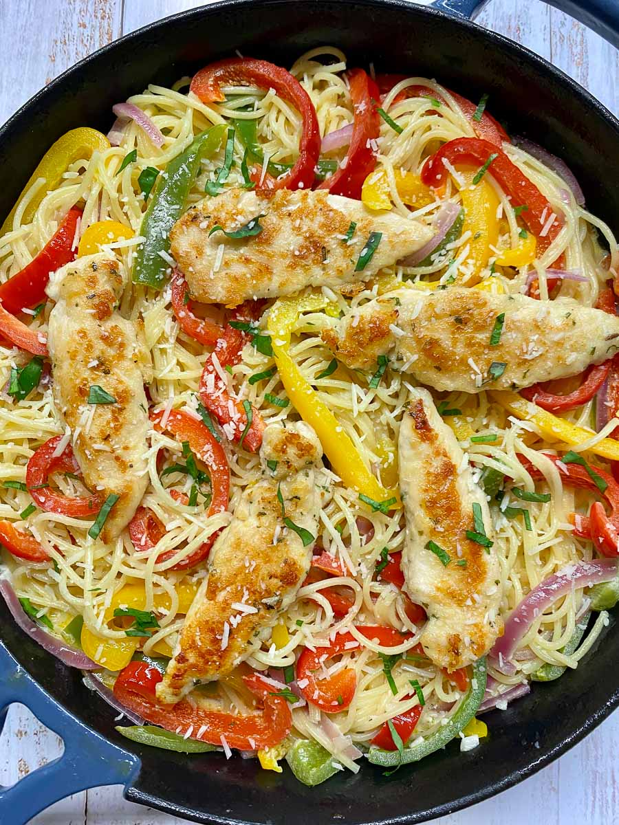 Chicken and peppers in a skillet.
