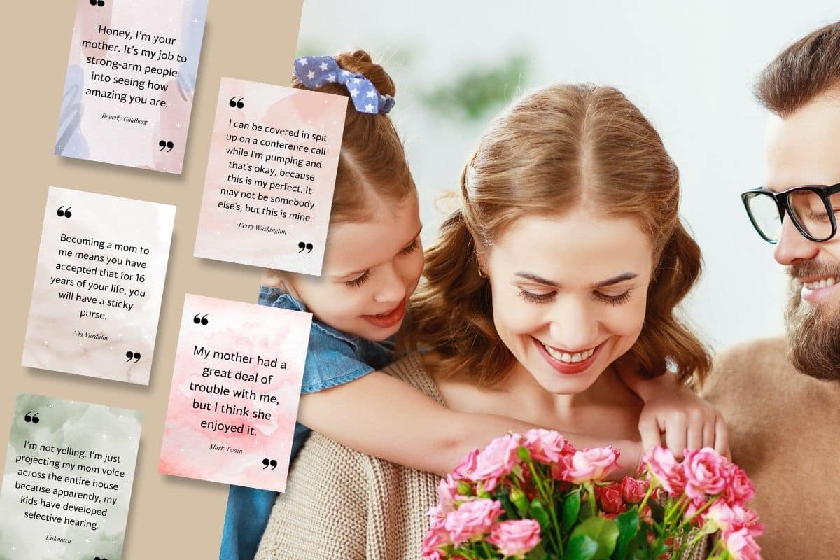 Mom holding flowers, dad and daughter with strong moms quotes printable cards on the side.