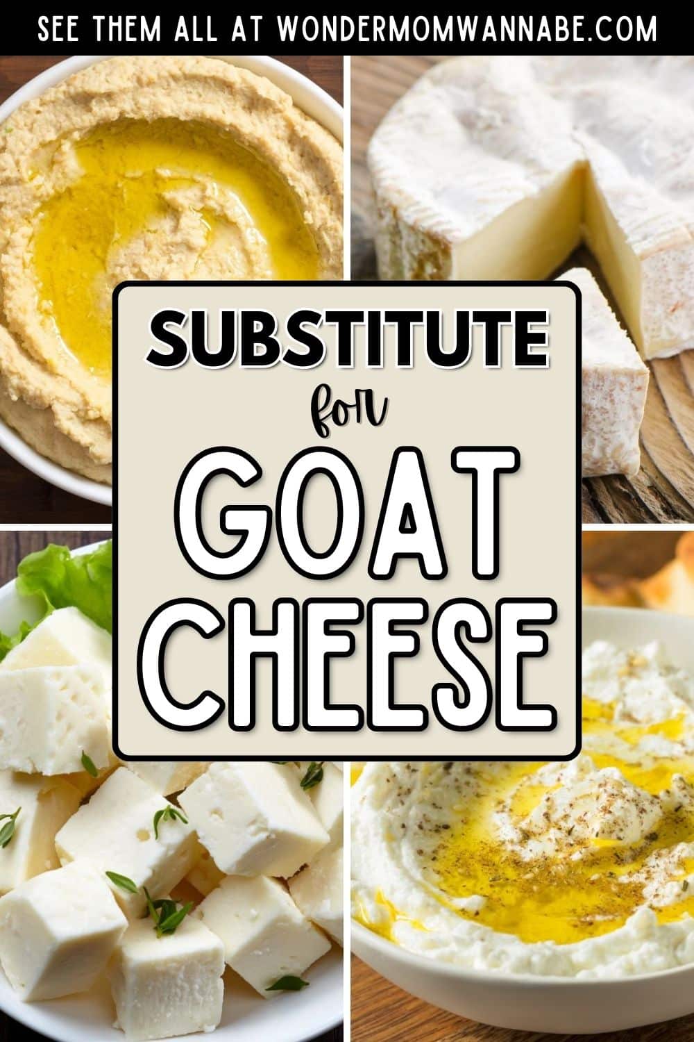 A collage featuring various alternatives that can be used as a substitute for goat cheese.