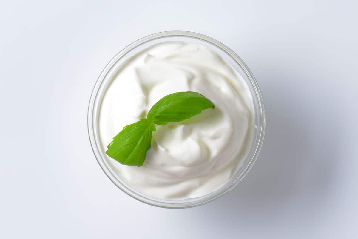 A bowl of Fromage Blanc with a mint leaf, serving as a substitute for Goat Cheese.