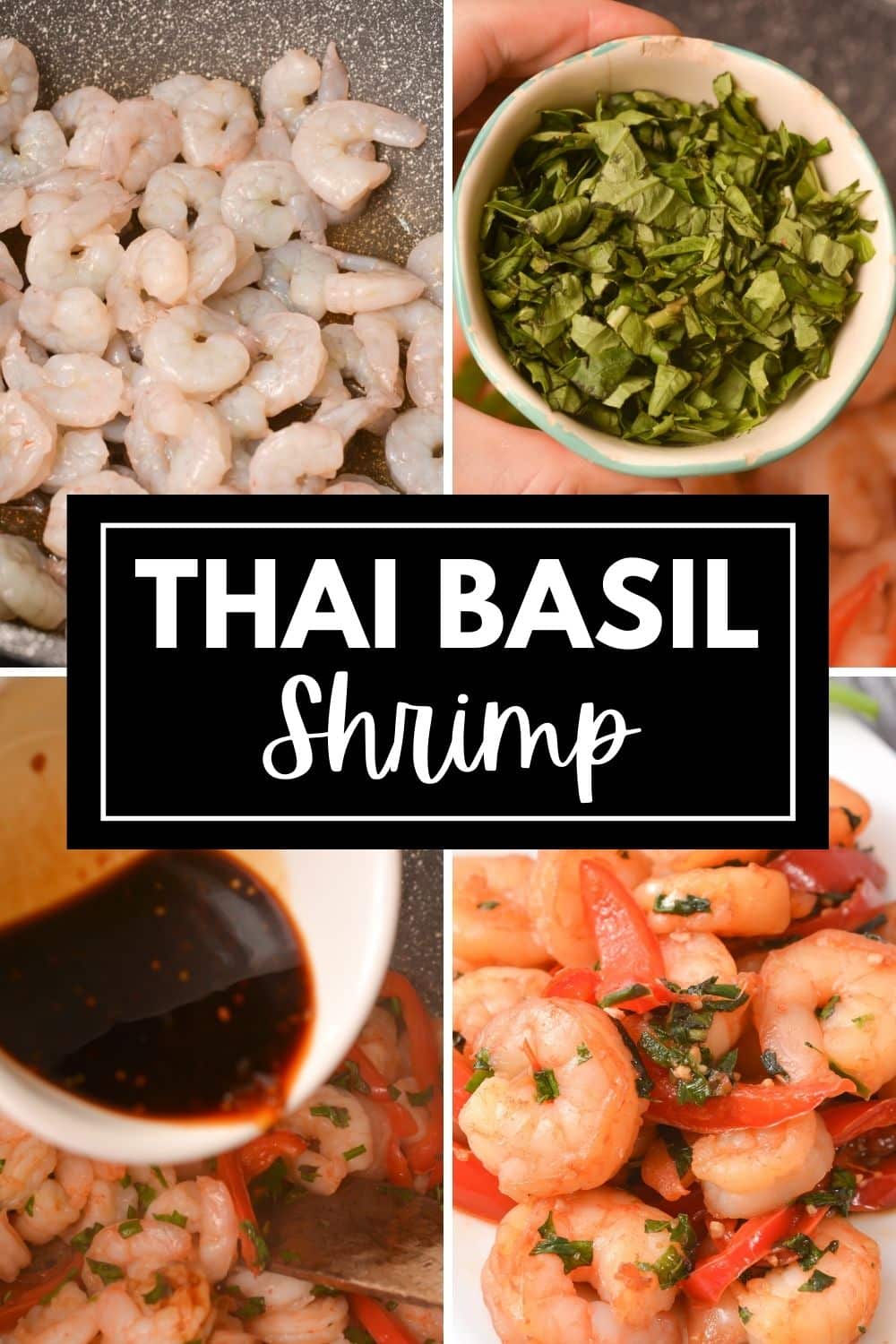 Various stages of Thai basil shrimp preparation.