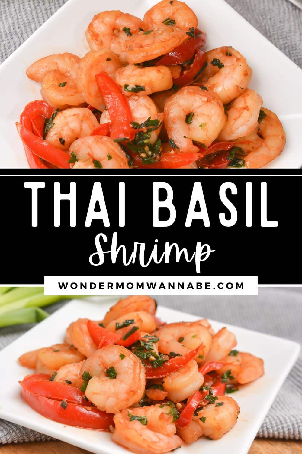 Thai basil shrimp, known for its aromatic Thai basil sauce, is presented on a simple white plate.