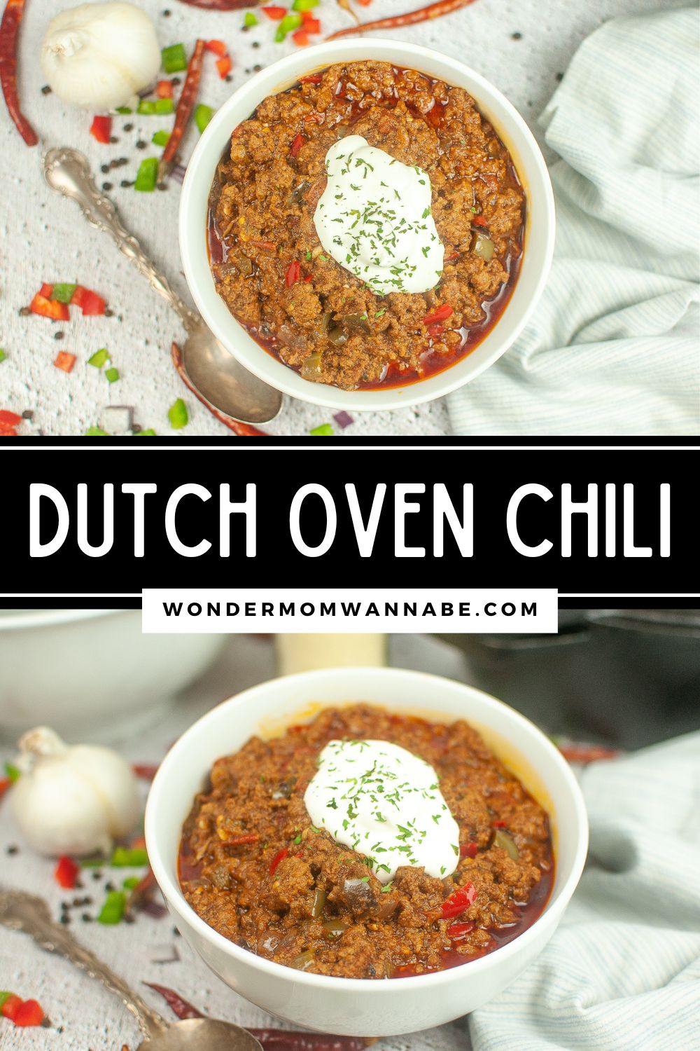 Dutch oven chili topped with sour cream in a bowl.