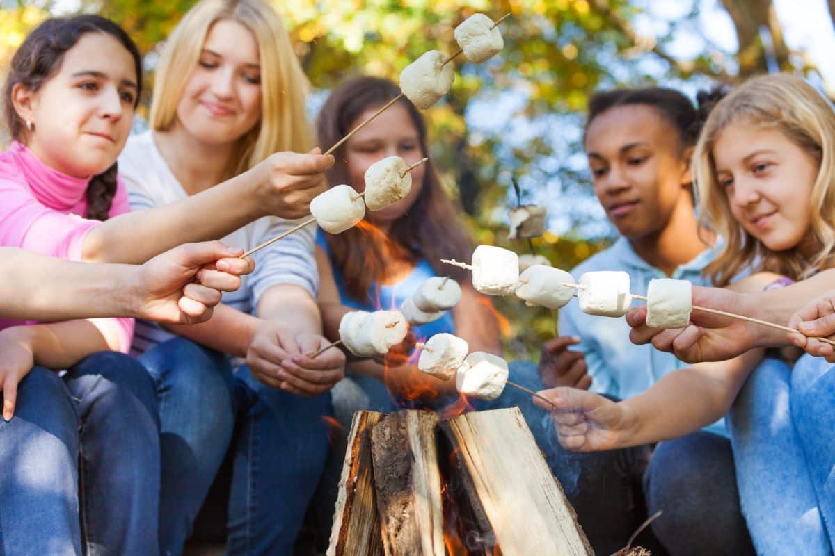 A group of teens roasting marshmallows around a campfire, a fun outdoor activity for teens.