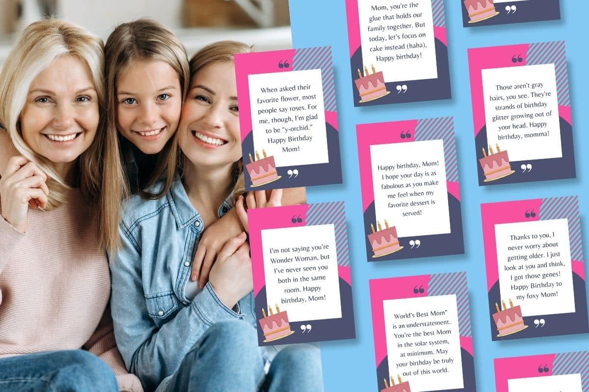 Two daughters embracing their mother with printable birthday mom from daughter quotes on the side.