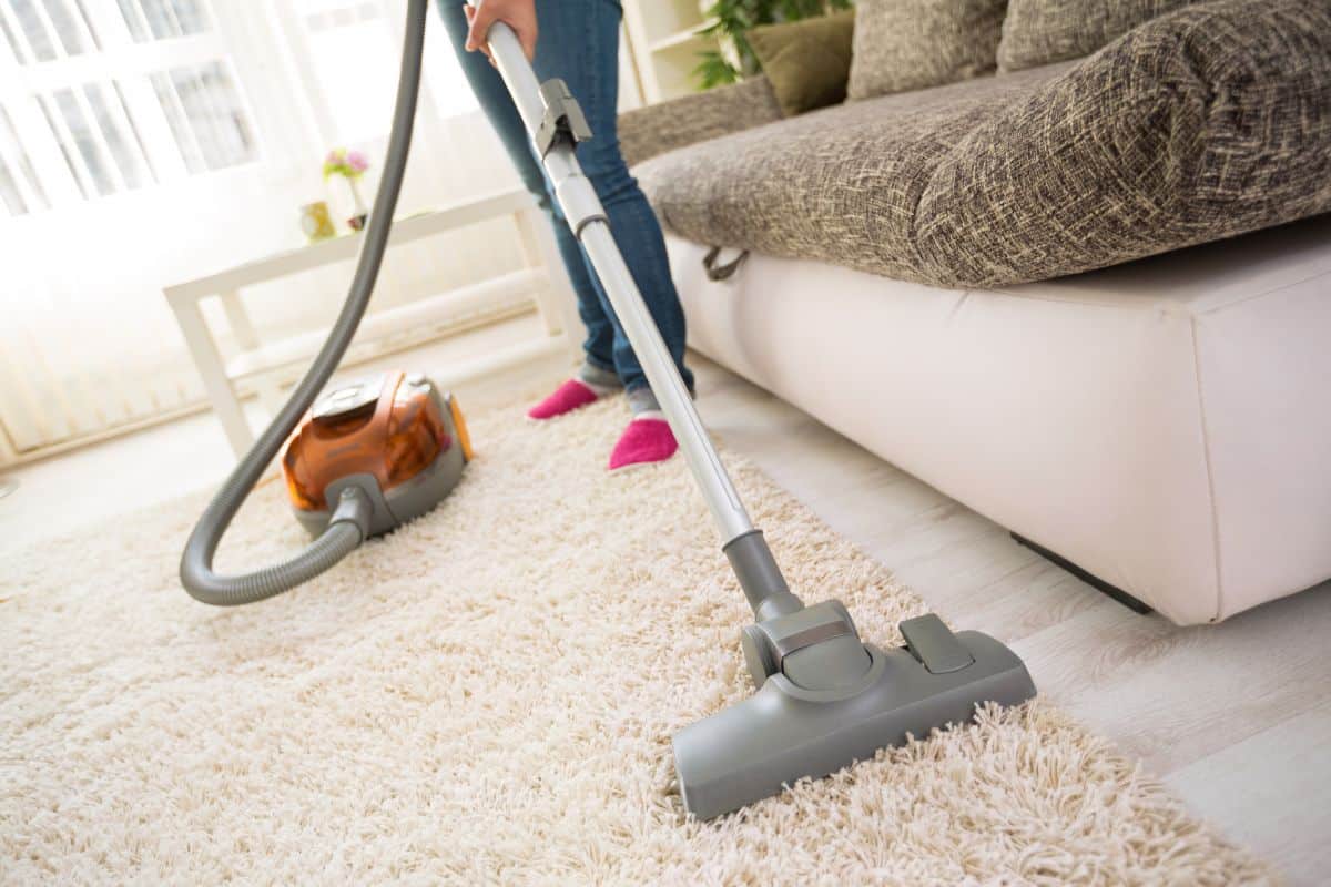 A woman vacuuming a carpet in a living room, seeking to eliminate the stubborn musty smell.