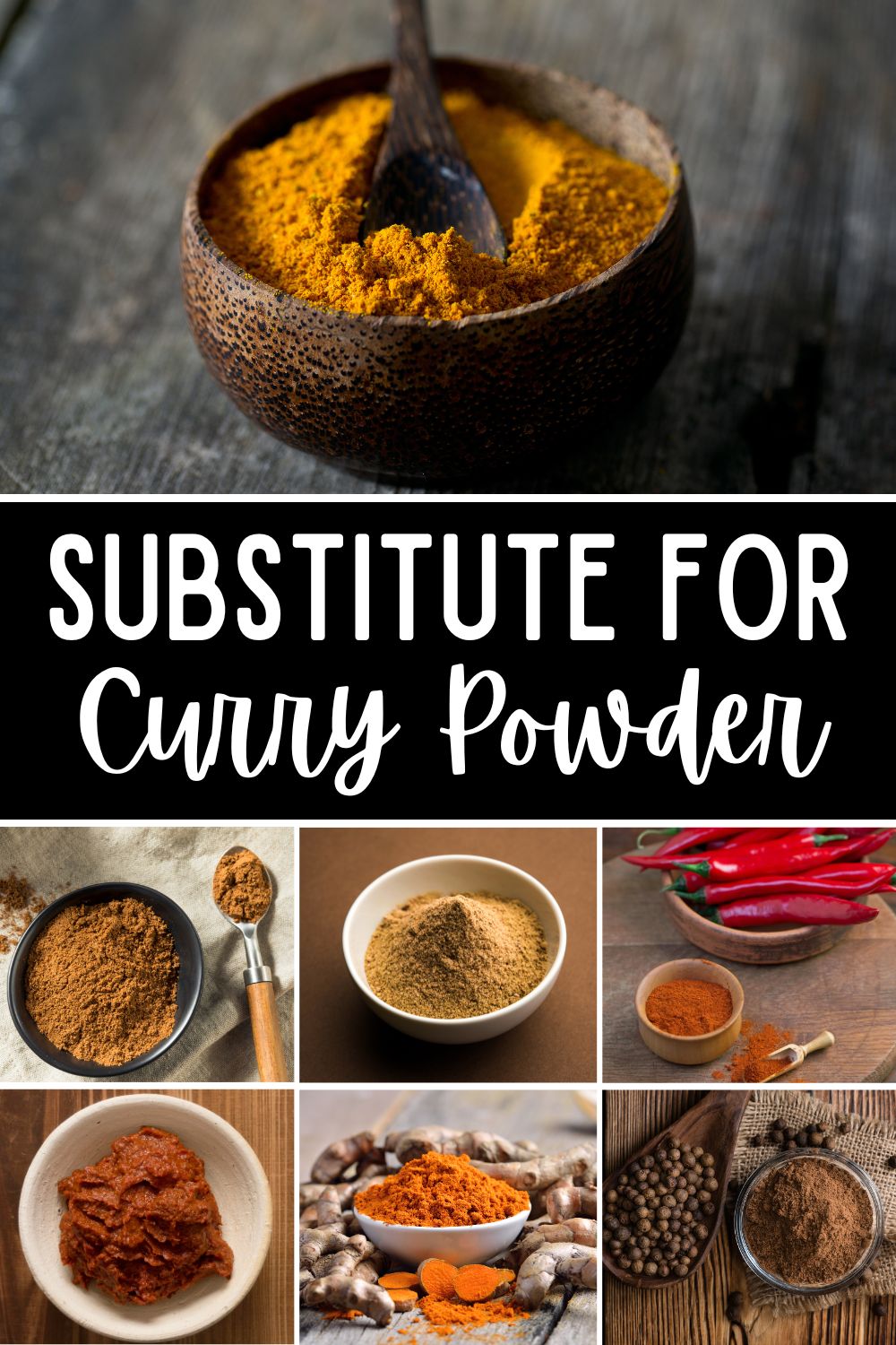 A collage of spices with the text alternative for curry powder.