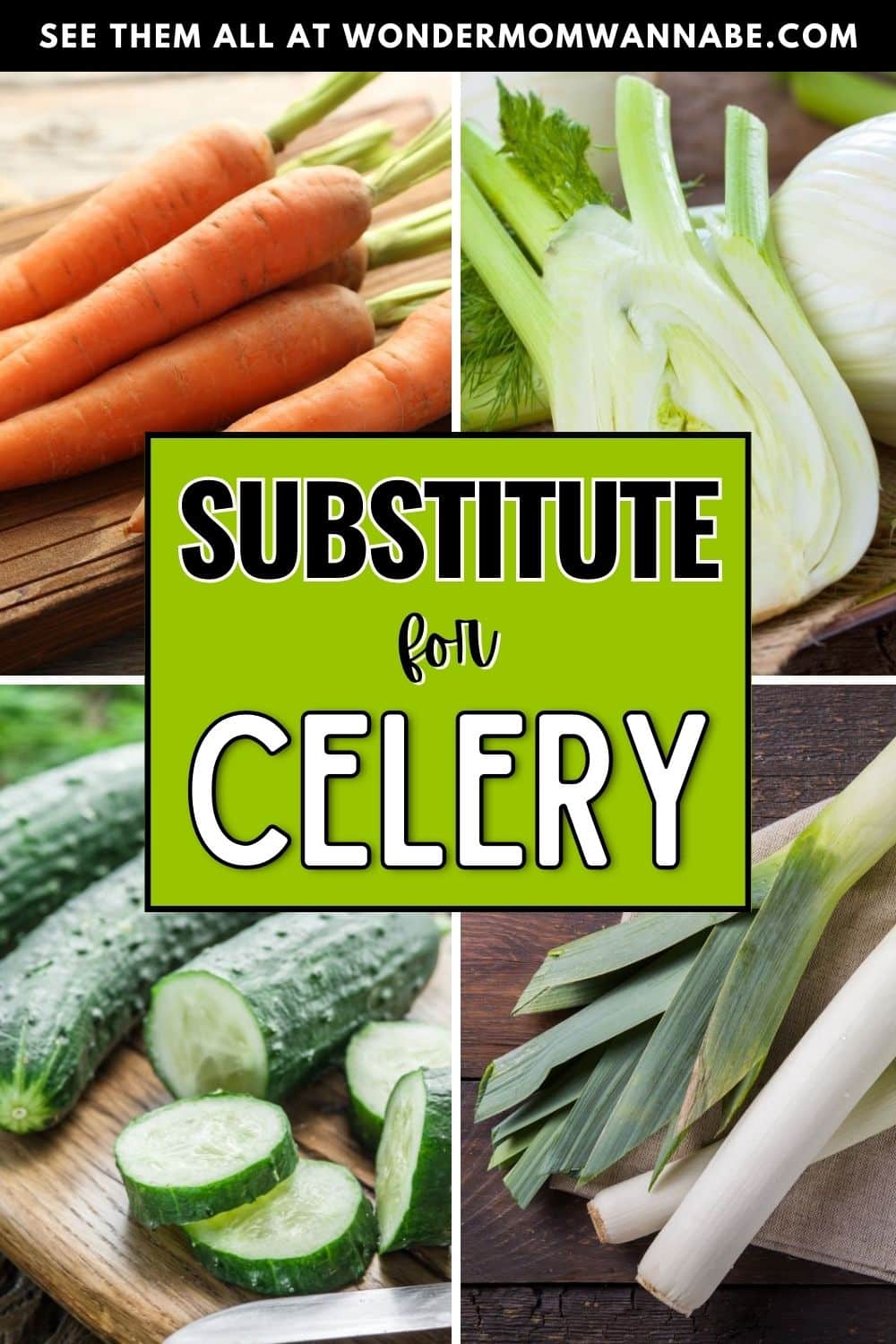 A collage of vegetables with the text celery substitute.