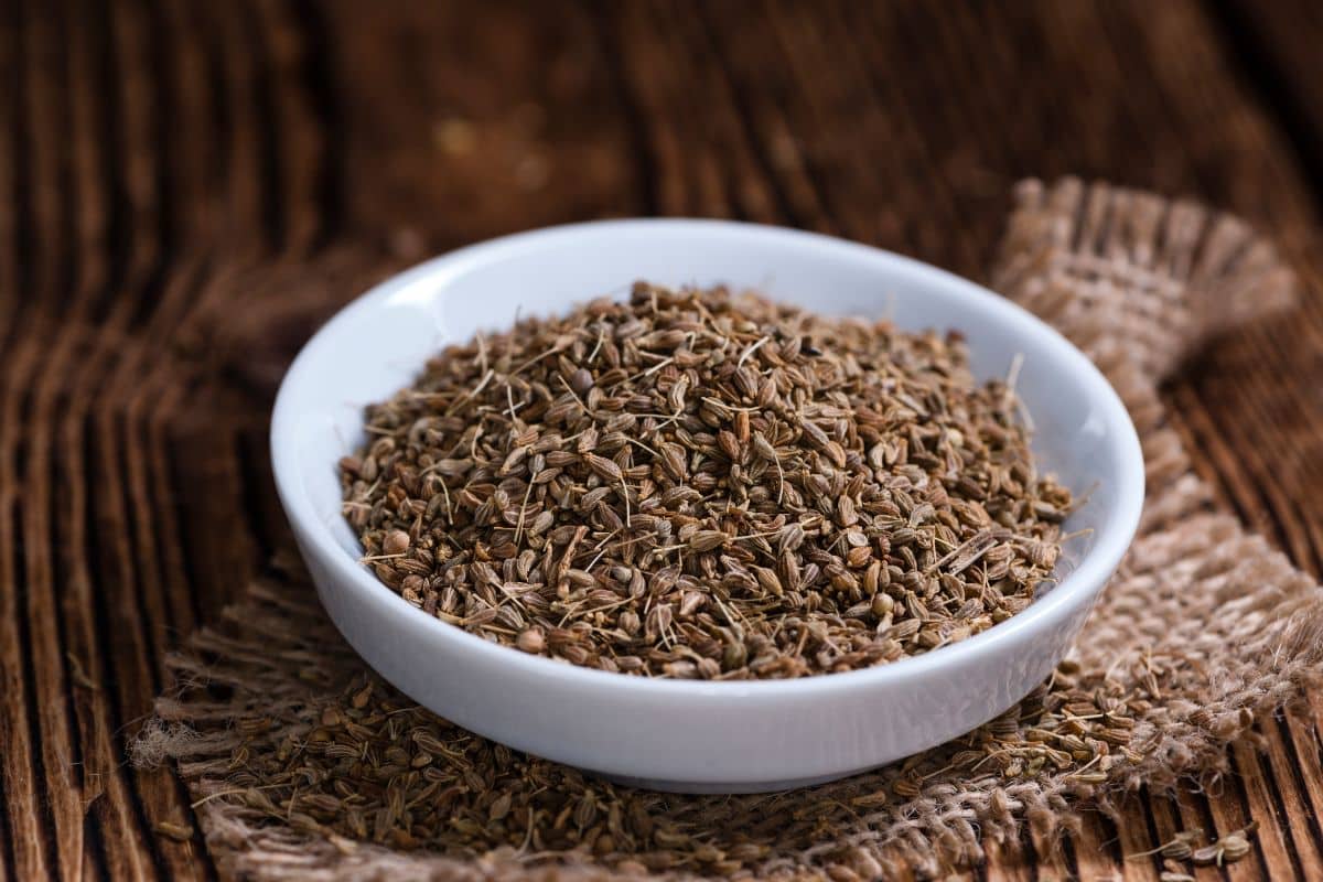 A bowl of anise seeds, a substitute for Caraway Seeds.