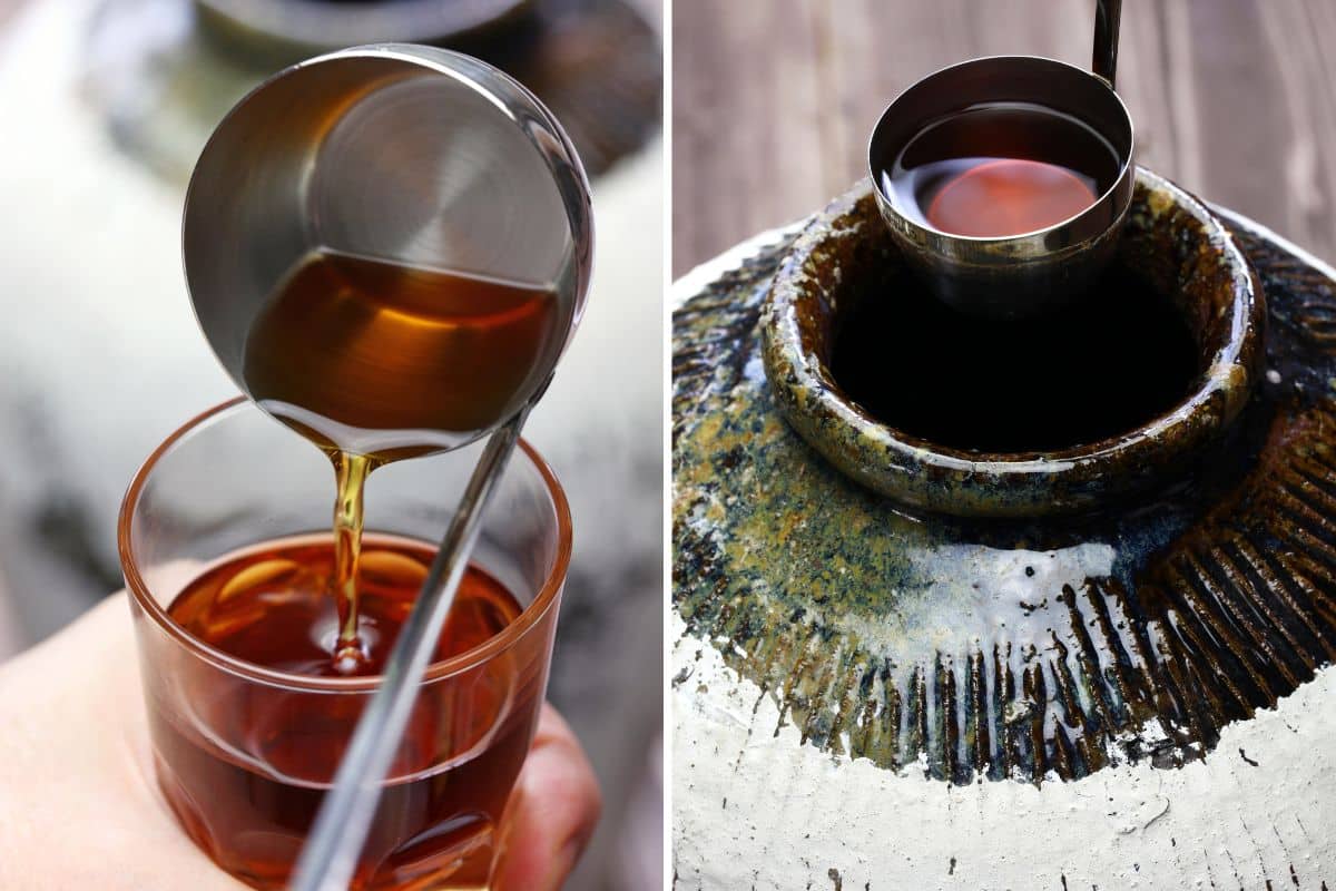 Two pictures of pouring Shaoxing Cooking Wine into a pot and glass, serving as a substitute for sherry.
