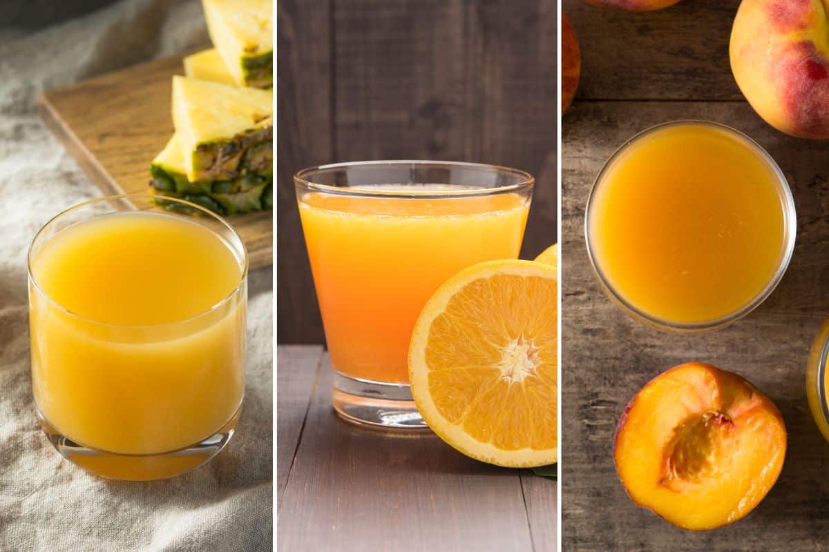 Three pictures of pineapple, orange and peach juice, a delightful substitute for sherry.