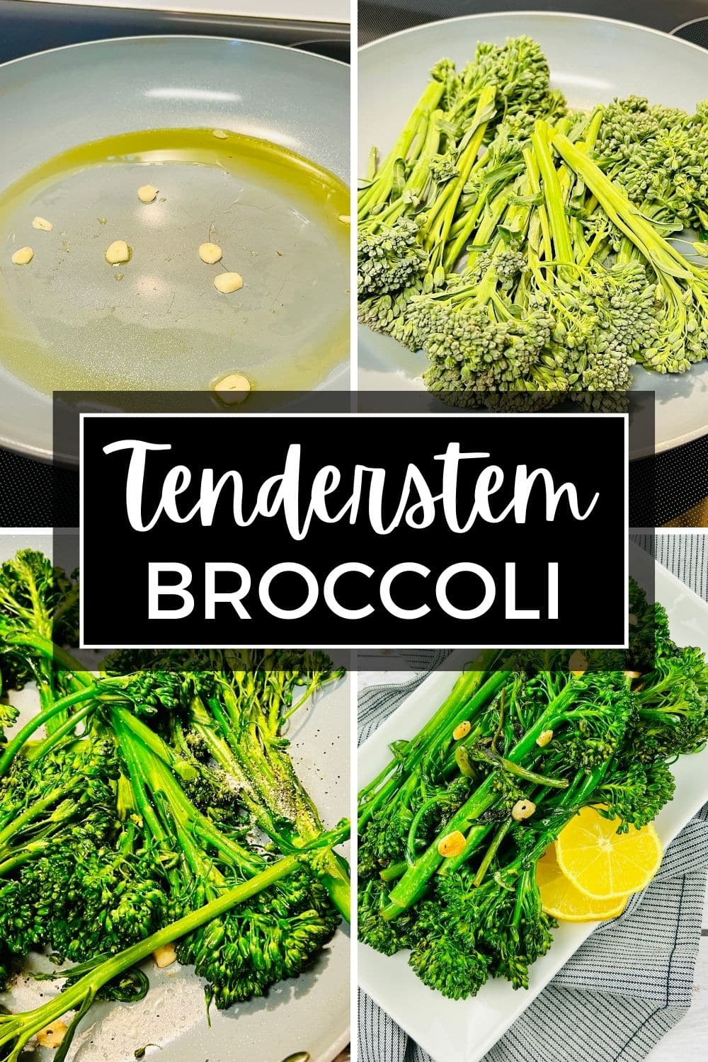 Cooking stages of Tenderstem Broccoli with garlic and lemon slices.