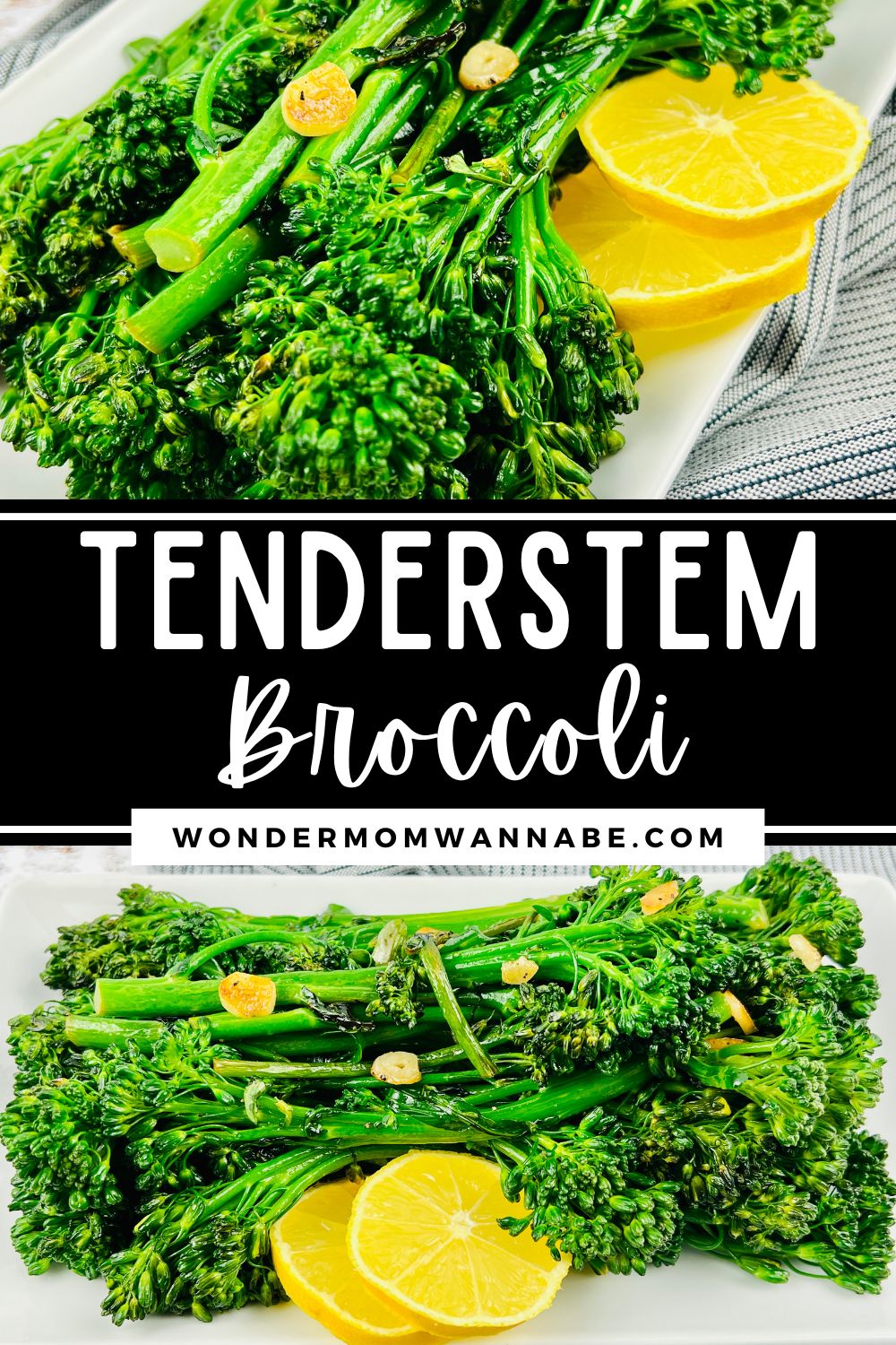 Fresh Tenderstem broccoli with lemon slices on a white plate.