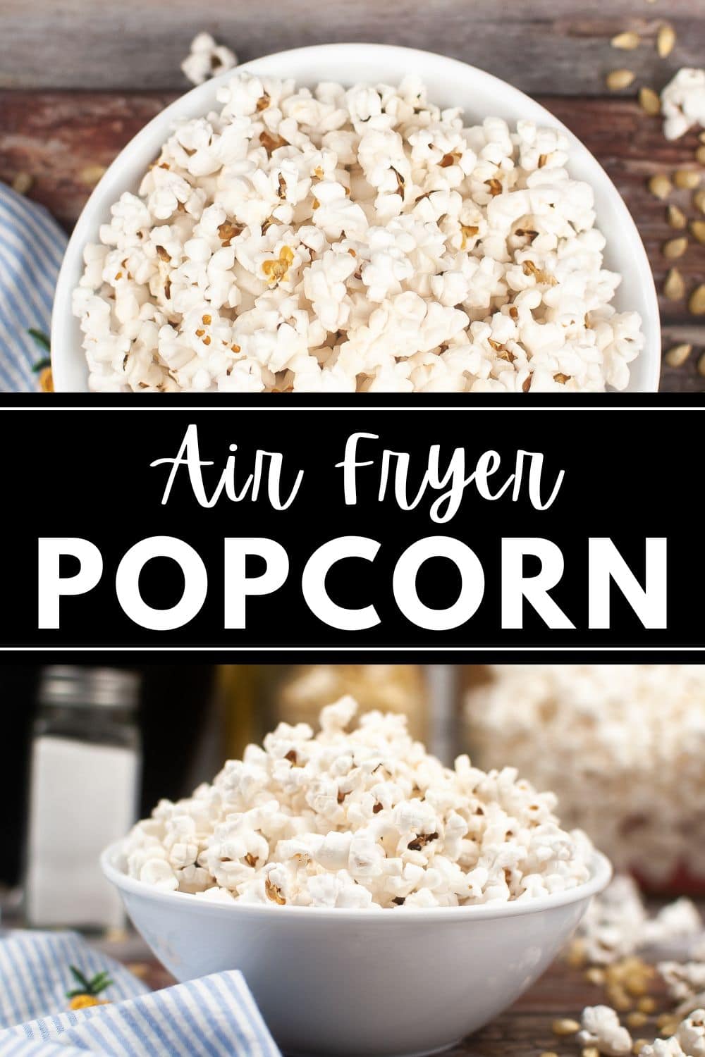 A bowl of air fryer popcorn with text indicating the method used to prepare the snack.