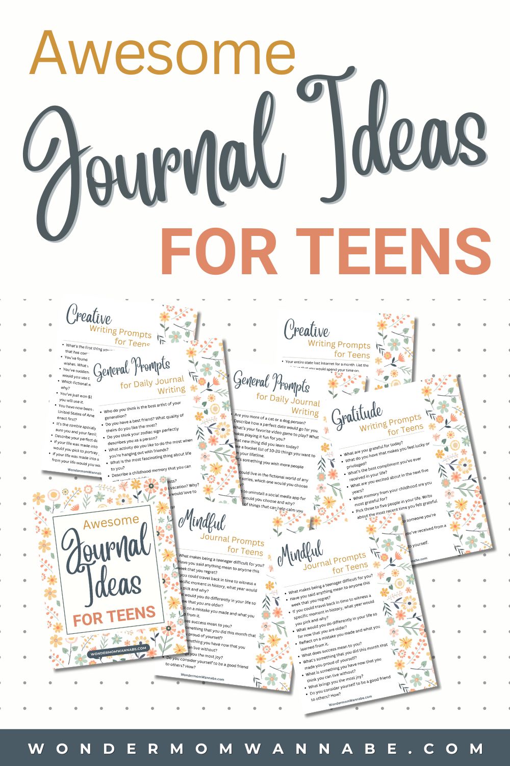 A promotional poster showcasing various journal ideas for teens with colorful sample prompt cards scattered on a background.