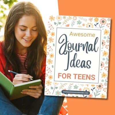 Woman writing in a journal with a graphic overlay that reads "creative journal ideas for teens".