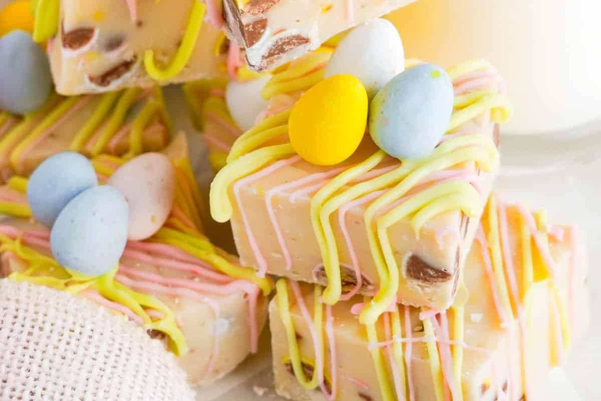 Colorful easter-themed treats with pastel icing and candy garnishes.