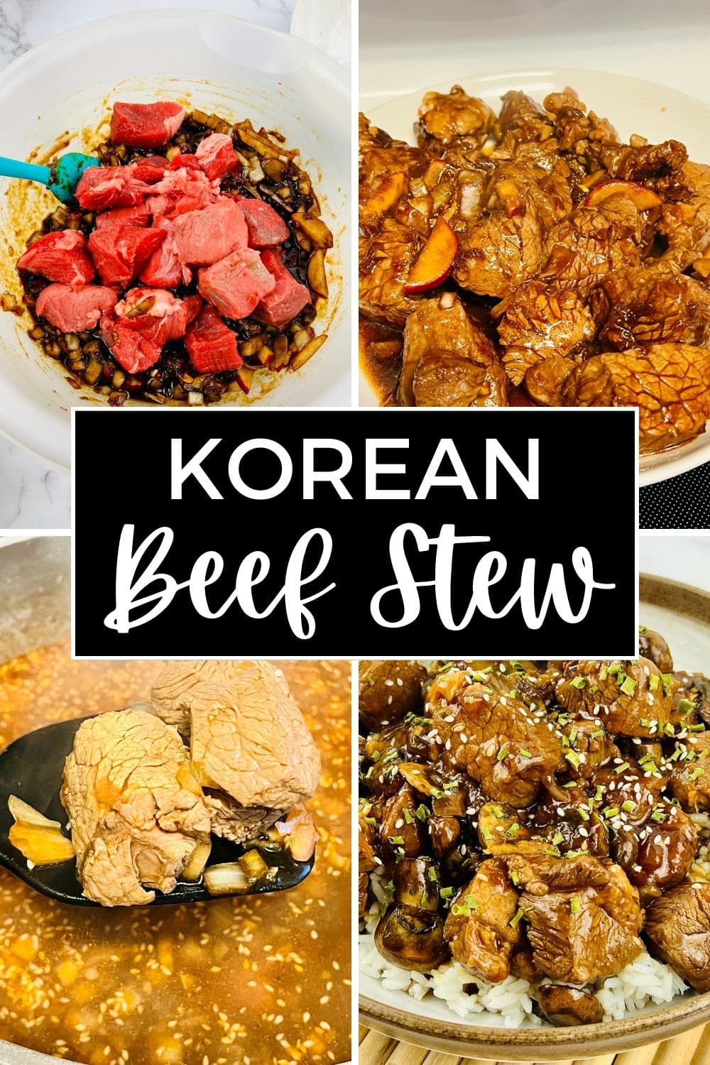 Collage of Korean beef stew preparation and presentation steps.