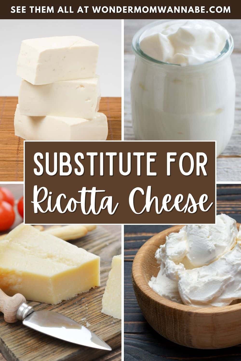 A collage recommending different cheese types as replacements for ricotta cheese.
