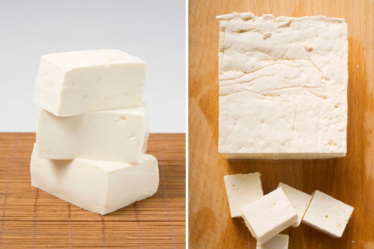 Three blocks of silken tofu and a closer view of tofu, a replacement for Ricotta cheese.
